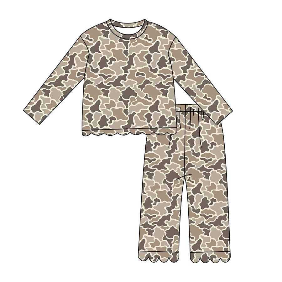 Grey Camo print  girls long sleeve scalloped outfit preorder