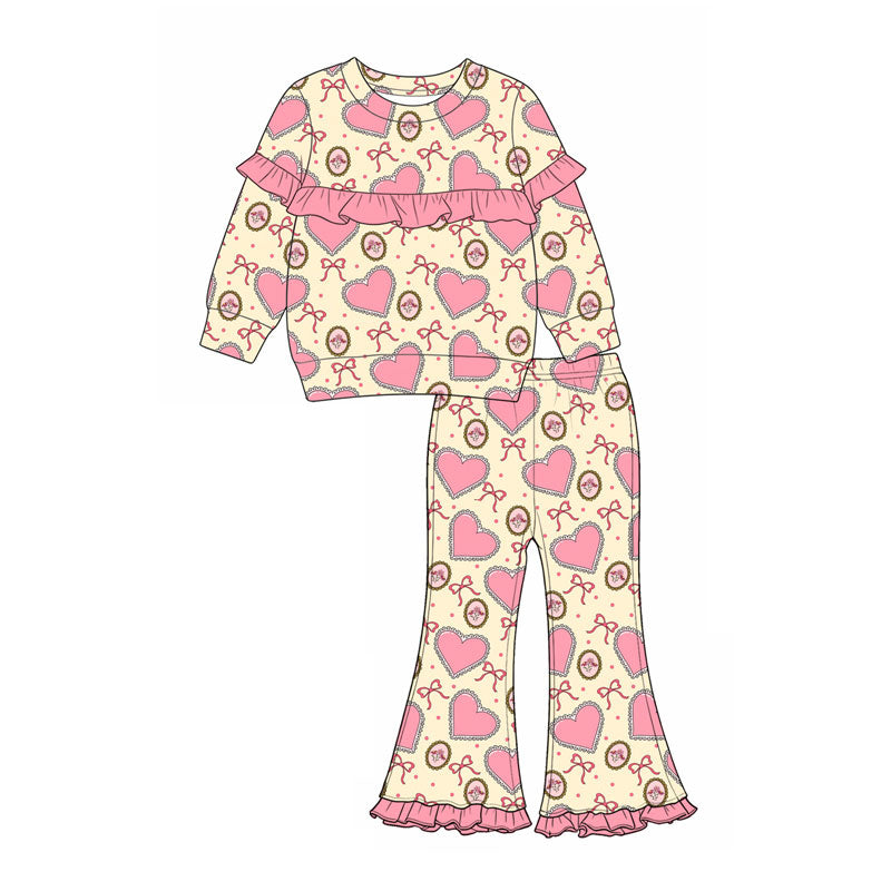 Valentines heart print  girls long sleeve scallop outfit preorder