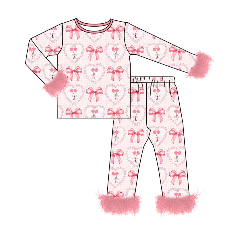 Valentines bow heart print  girls long sleeve outfit preorder