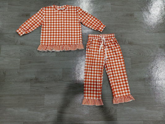 Orange plaid long sleeve top matching pants girls outfit preorder