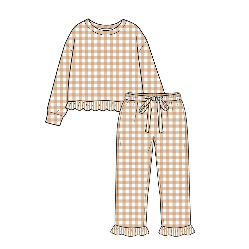 Khaki plaid long sleeve top matching pants girls outfit preorder