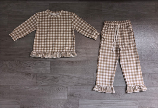 Green plaid long sleeve top matching pants girls outfit preorder
