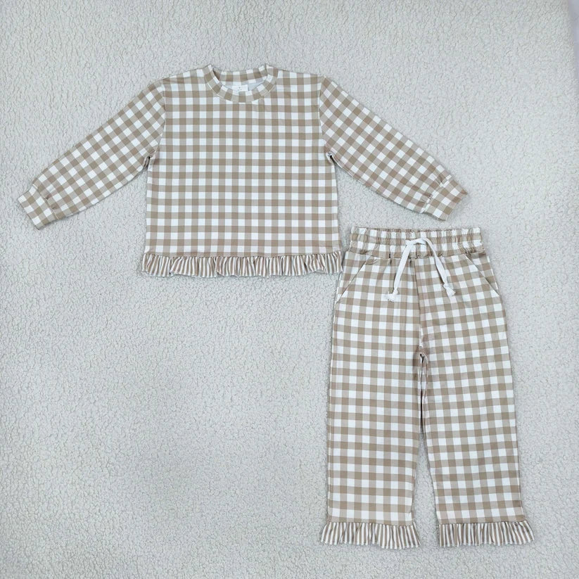 Orange plaid long sleeve top matching pants girls outfit