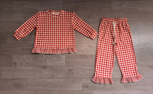 Red plaid long sleeve top matching pants girls outfit preorder