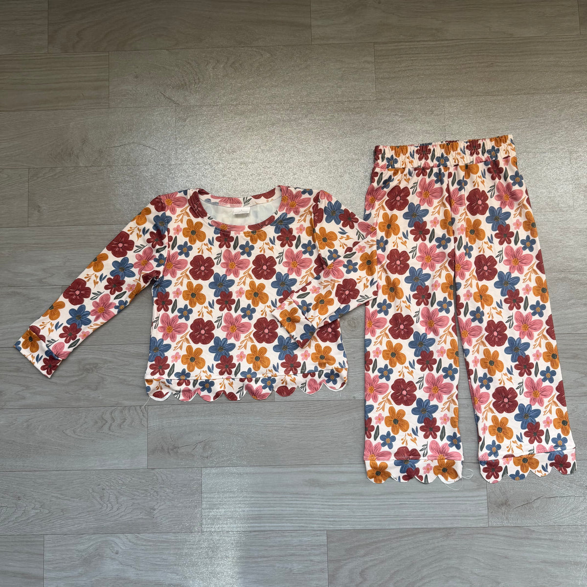 Brown pink flowers top matching pants girls long sleeve outfit preorder