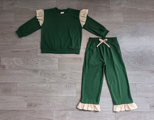 Green color long sleeve top matching pants girls spring fall outfit preorder