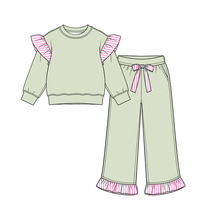 Pea Green color long sleeve top matching pants girls spring fall outfit preorder