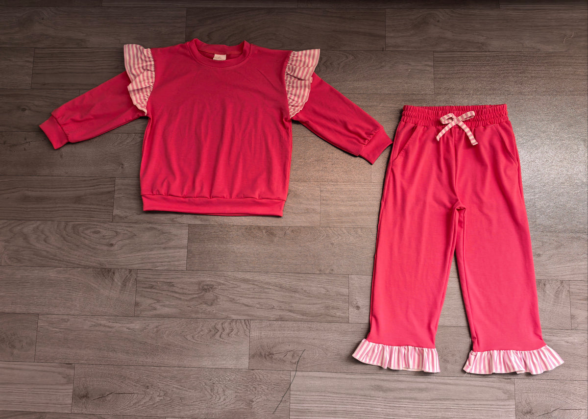 Hot pink color long sleeve top matching pants girls spring fall outfit preorder
