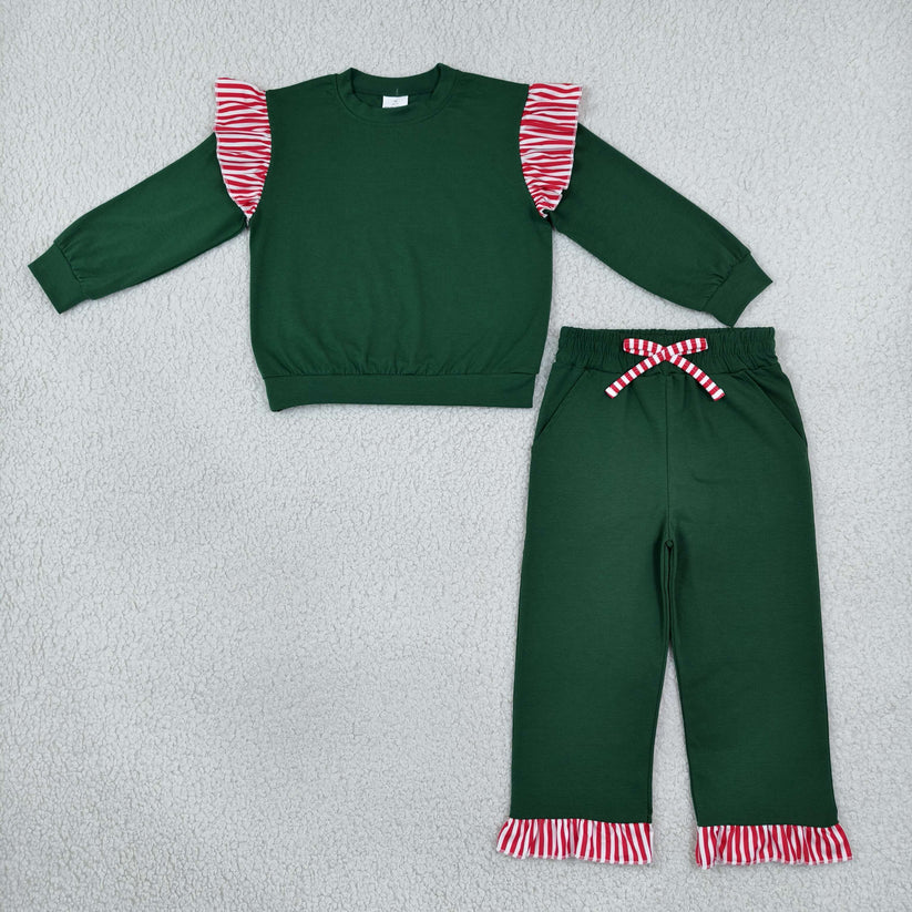 Green color long sleeve top matching pants girls spring fall outfit
