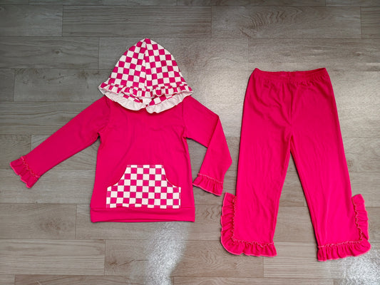 Hot pink plaid long sleeve top matching pants girls fall winter outfit preorder
