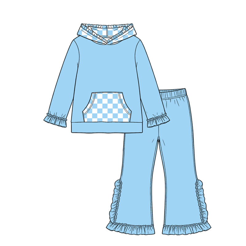 Blue plaid long sleeve top matching pants girls fall winter outfit preorder