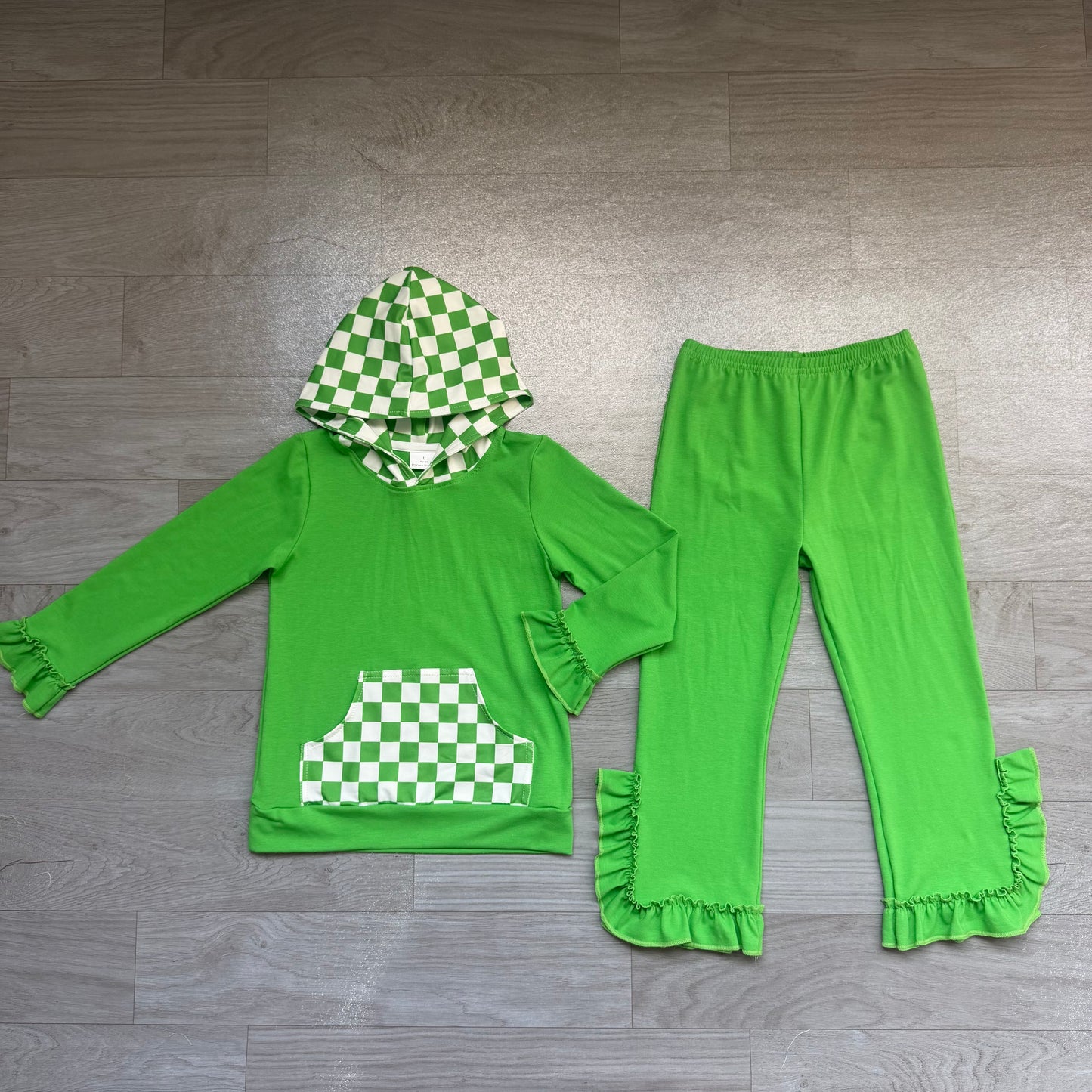 Green plaid long sleeve top matching pants girls fall winter outfit preorder