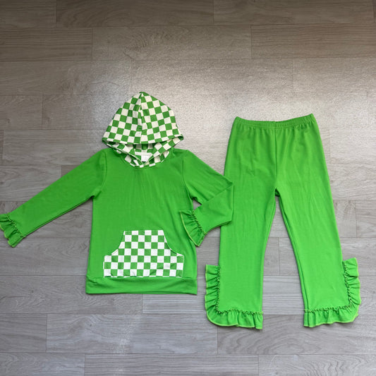 Green plaid long sleeve top matching pants girls fall winter outfit preorder