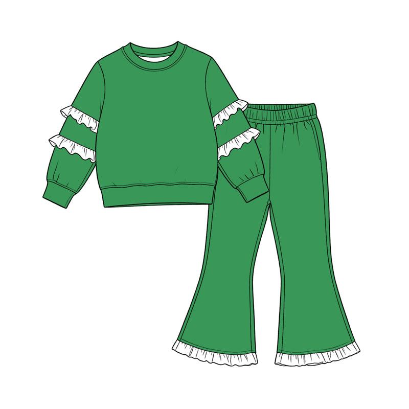 Green white color long sleeve top matching pants girls fall winter outfit preorder