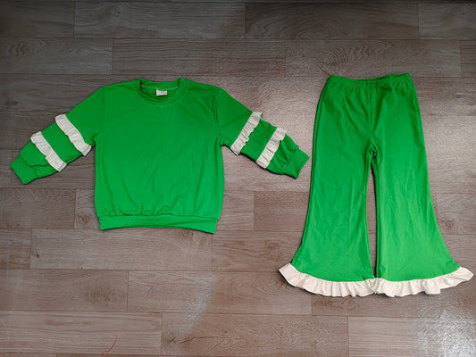 Green white color long sleeve top matching pants girls fall winter outfit preorder