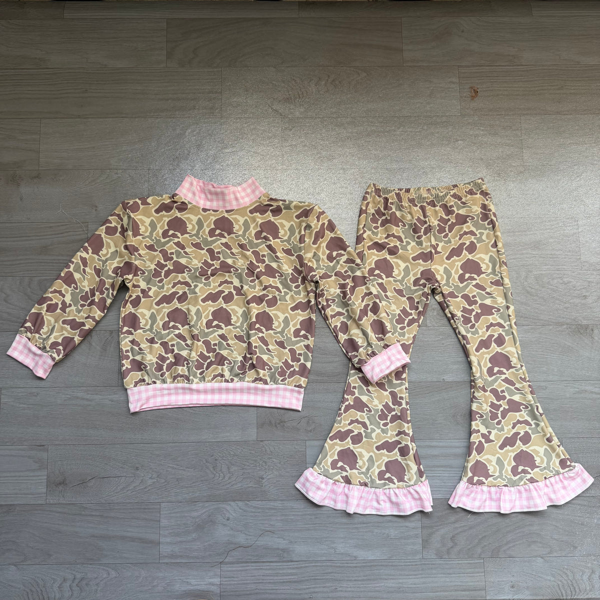 Khaki camo long sleeve top matching pants girls fall winter outfit preorder