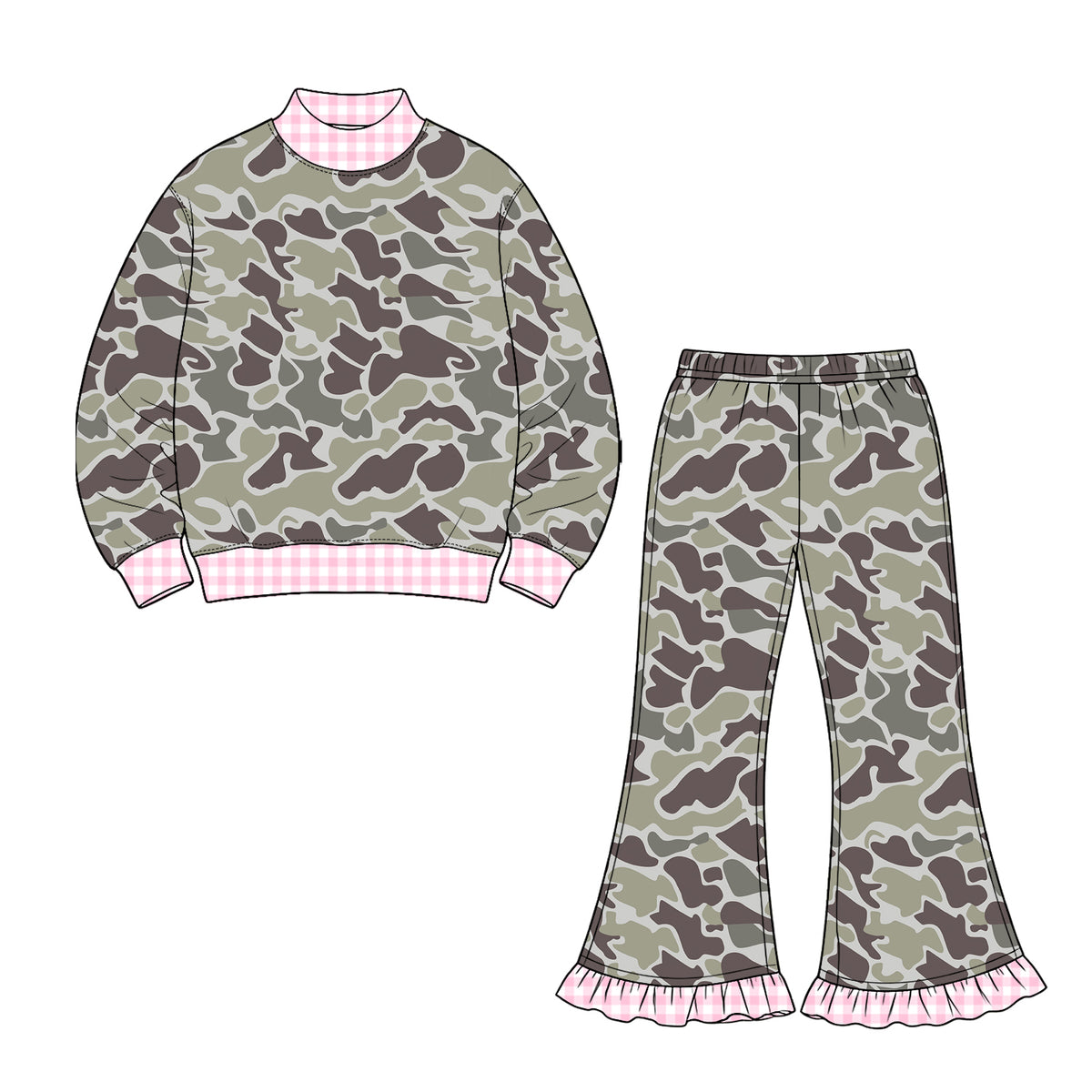 Dark grey camo long sleeve top matching pants girls fall winter outfit preorder