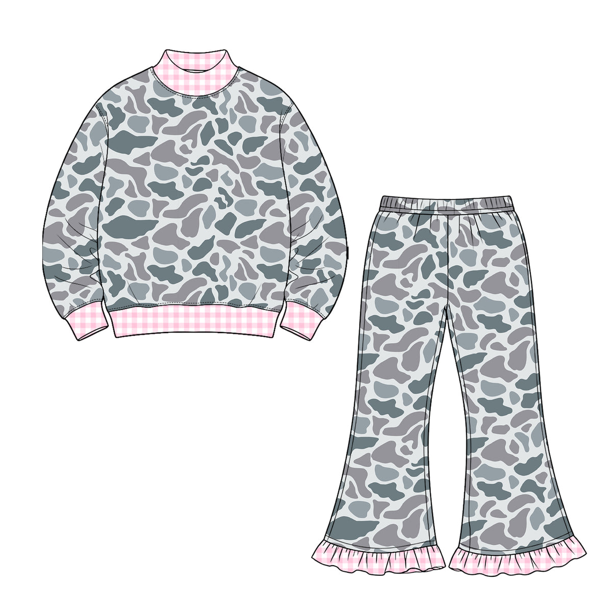 Grey camo long sleeve top matching pants girls fall winter outfit preorder