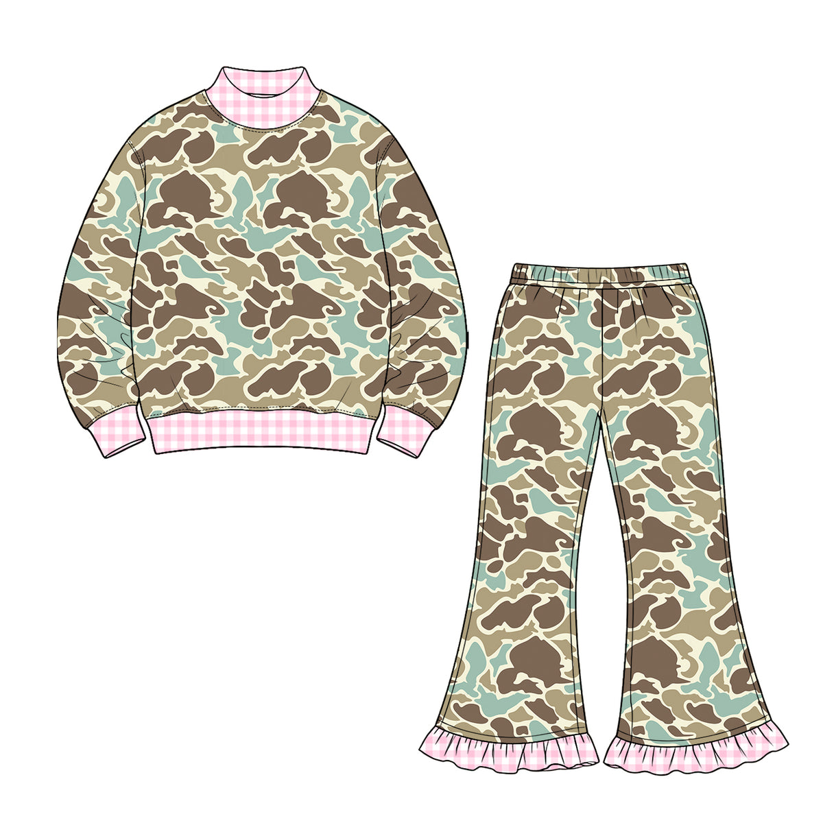 Khaki blue camo long sleeve top matching pants girls fall winter outfit preorder
