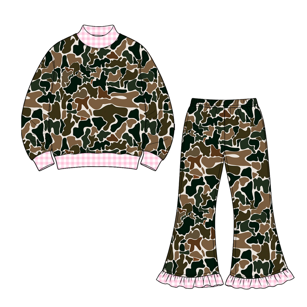 Green camo long sleeve top matching pants girls fall winter outfit preorder