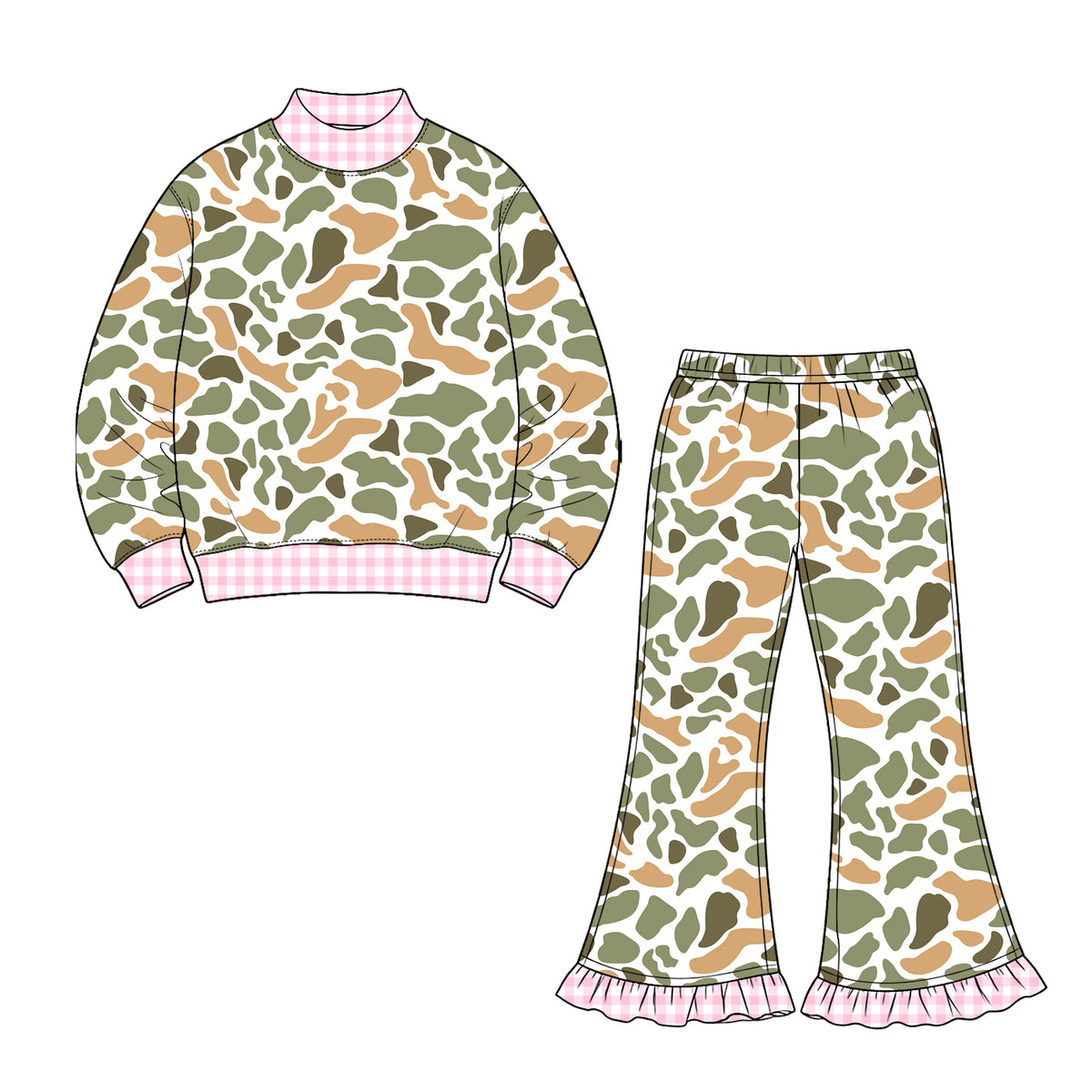Green orange camo long sleeve top matching pants girls fall winter outfit preorder