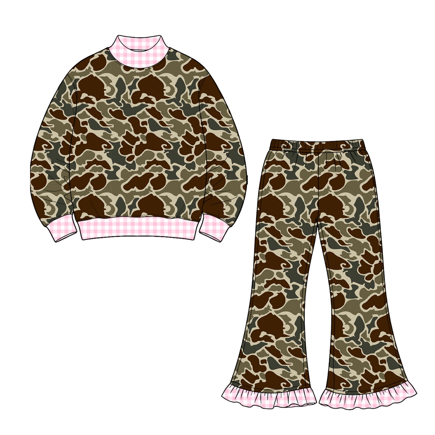 Brown camo long sleeve top matching pants girls fall winter outfit preorder