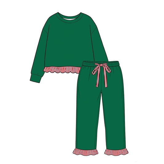 Christmas green color long sleeve top matching pants girls clothes set preorder