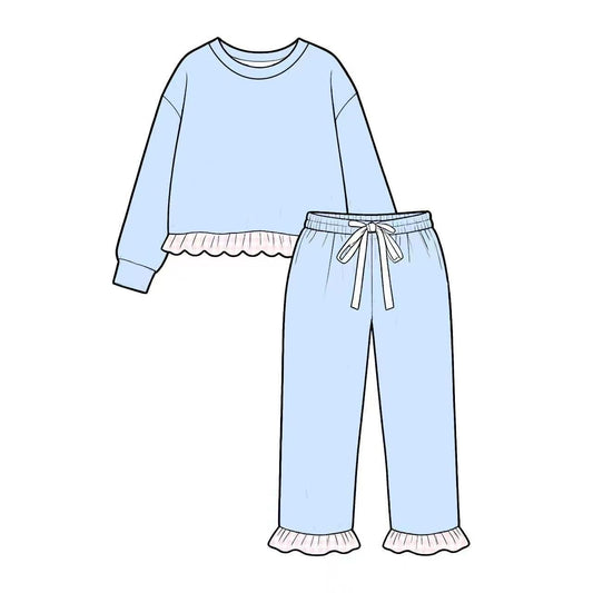 Blue color long sleeve pullover top matching pants fall winter girls outfit preorder
