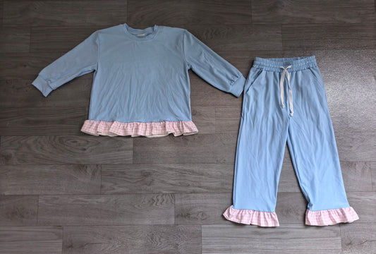Blue color long sleeve pullover top matching pants fall winter girls outfit preorder