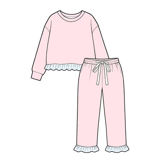 Pink color long sleeve pullover top matching pants fall winter girls outfit preorder