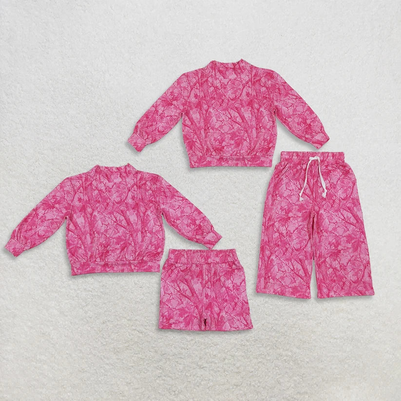 Mommy and me hot pink leaves long sleeve mock neck top matching leggings set