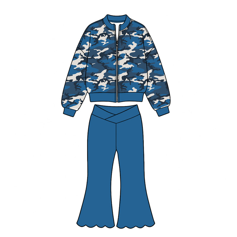 Blue camo long sleeve yoga zip top matching pants girls outfit preorder