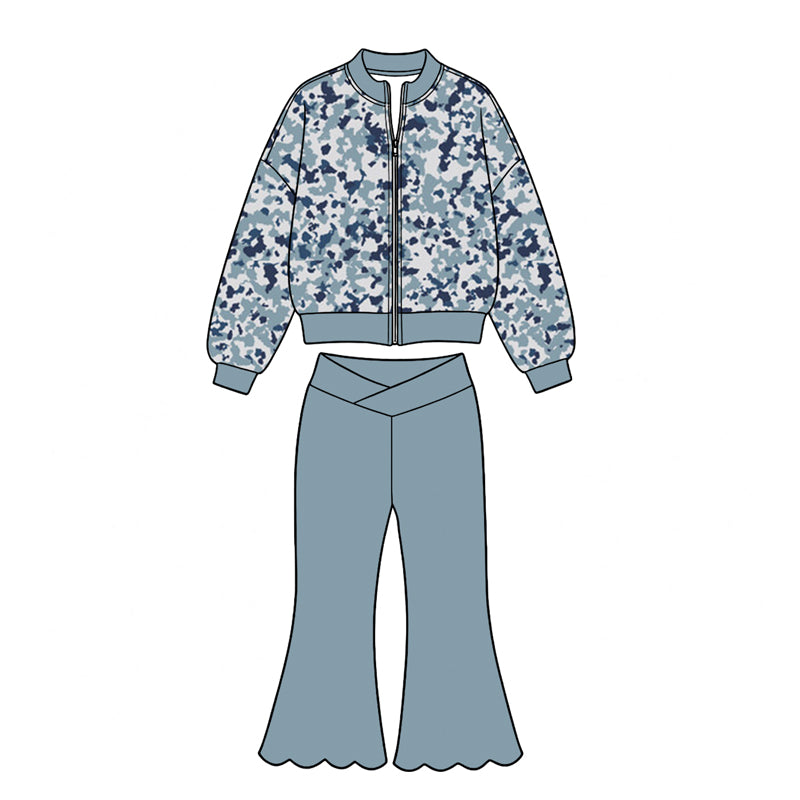 Blue navy cow print long sleeve yoga zip top matching pants girls outfit preorder