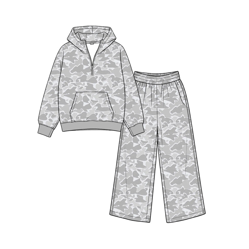 Long sleeve light grey camo hoodie top matching pants fall winter girls outfit preorder
