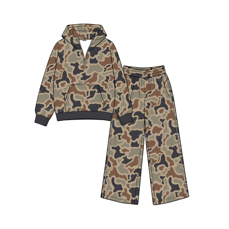 Long sleeve navy brown camo hoodie top matching pants fall winter girls outfit preorder