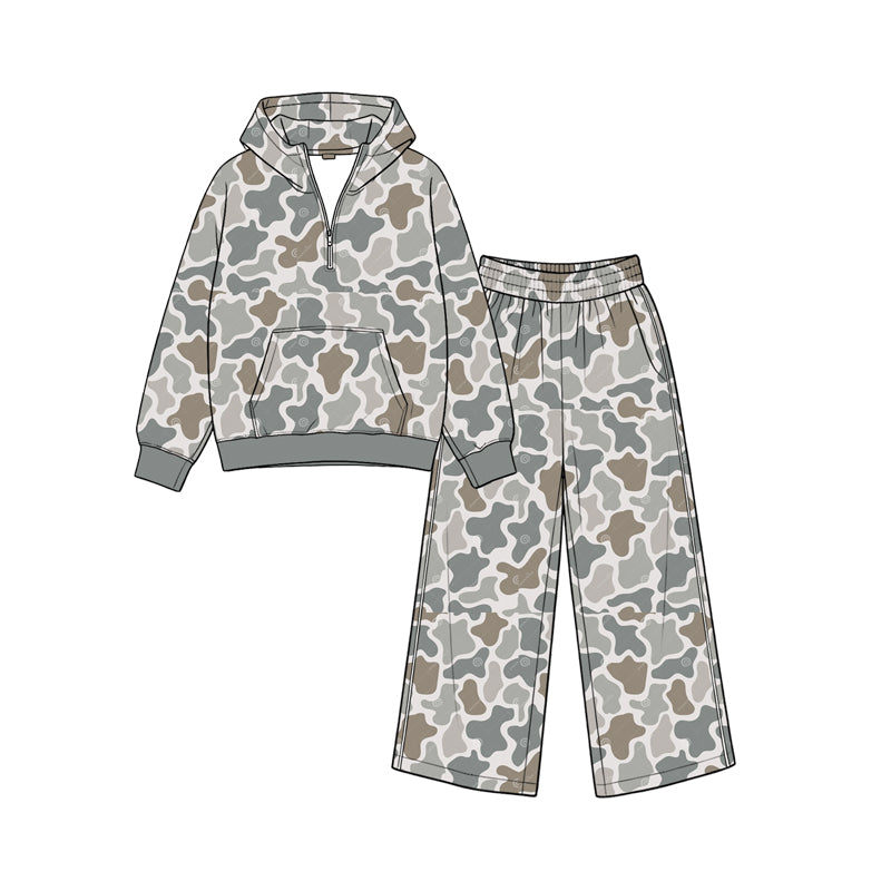 Long sleeve grey camo hoodie top matching pants fall winter girls outfit preorder