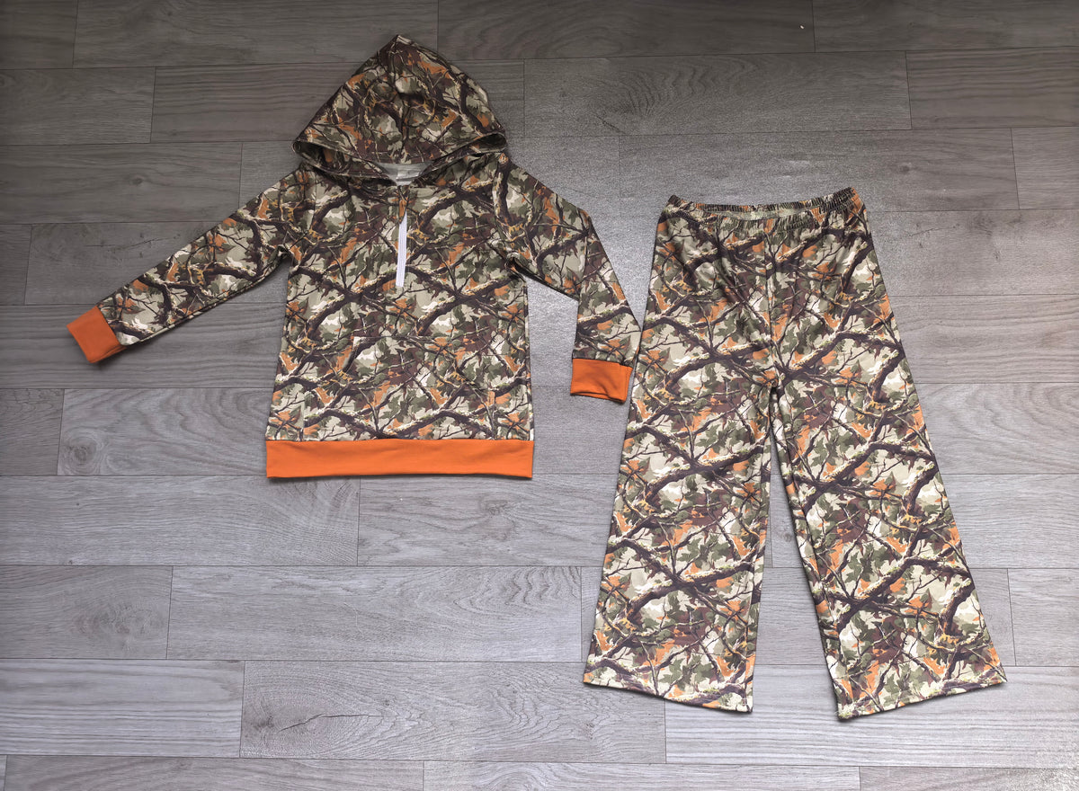 Long sleeve grey brown camo hoodie top matching pants fall winter girls outfit preorder
