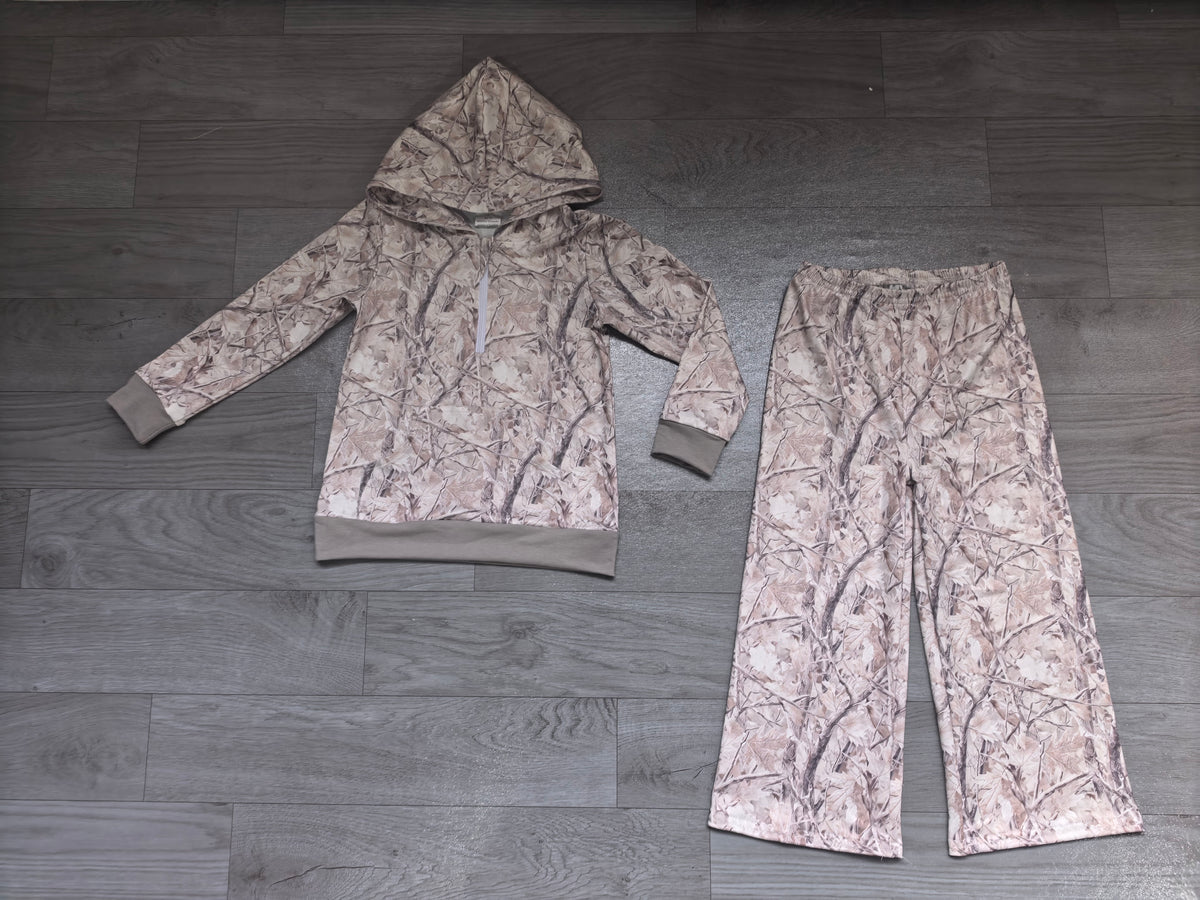 Long sleeve grey camo hoodie top matching pants fall winter girls outfit preorder