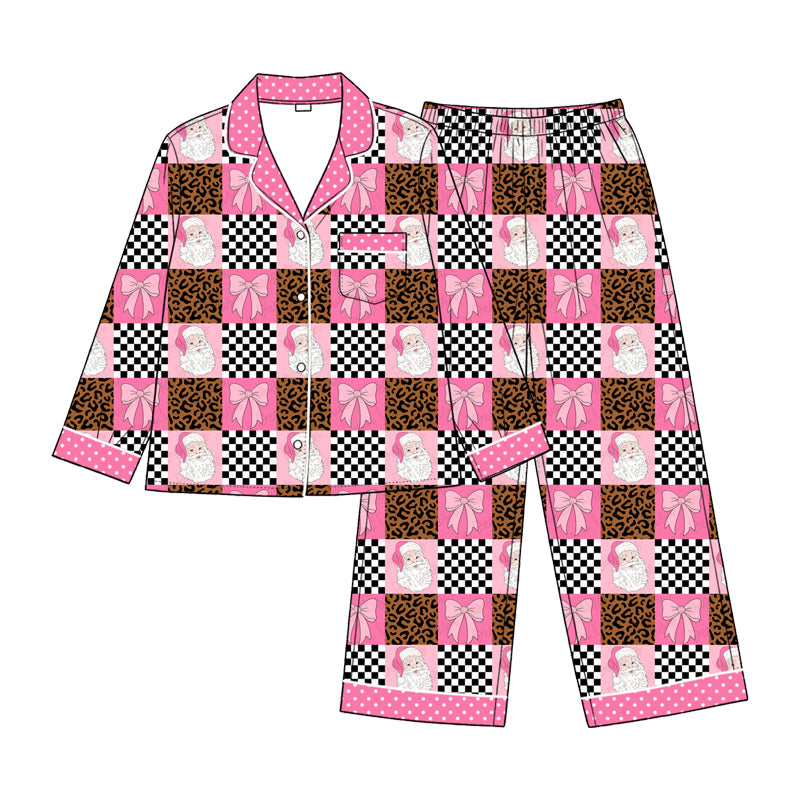 Adult women christmas santa bow leopard design long sleeve pajama set preorder