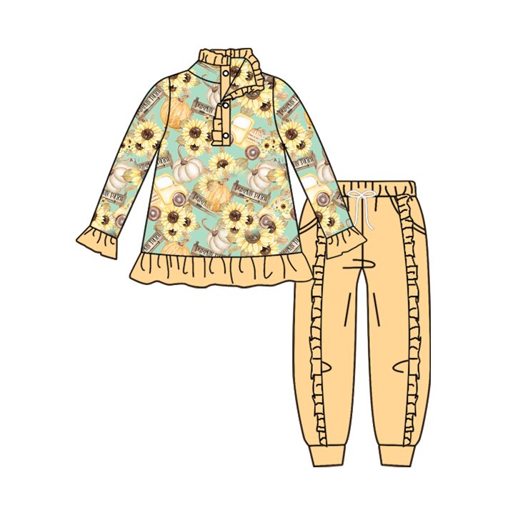 Long sleeve fall pumpkin flowers top matching pants girls clothes preorder