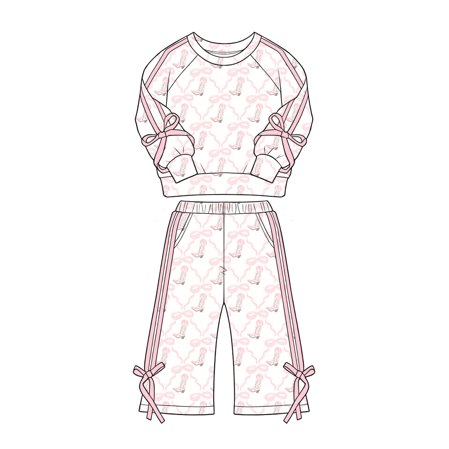 Long sleeve western boots pink bow top matching pants girls outfit preorder