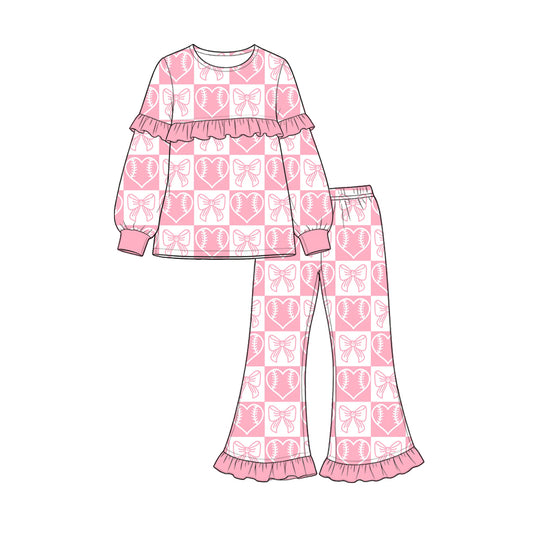 Valentines day heart pink bow print long sleeve top matching pants girls outfit preorder