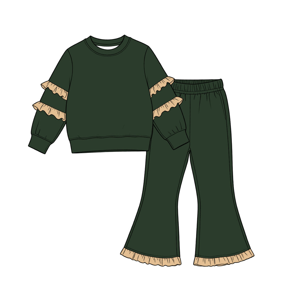 Dark green khaki ruffle color long sleeve top matching pants girls outfit preorder
