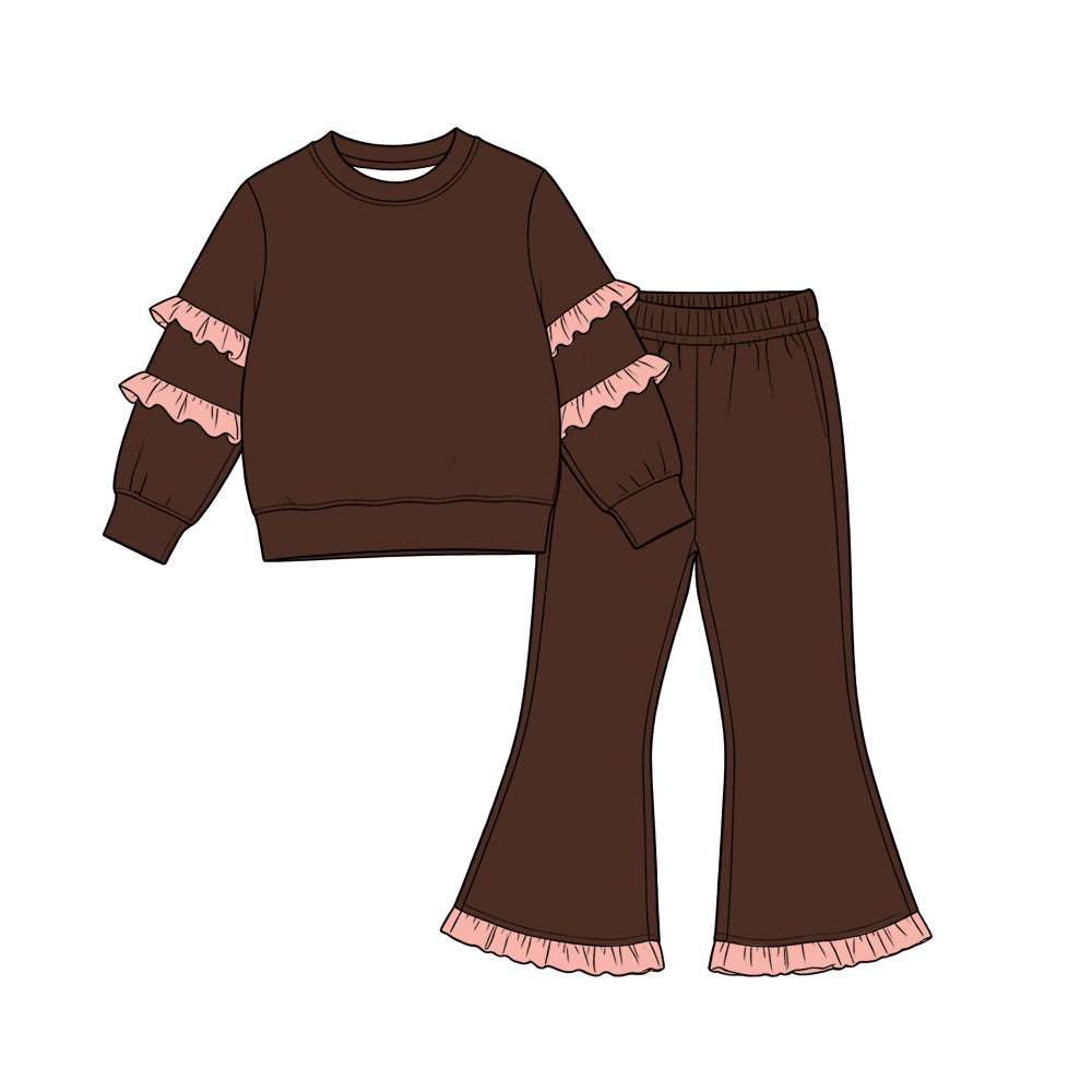 Brown pink ruffle color long sleeve top matching pants girls outfit preorder