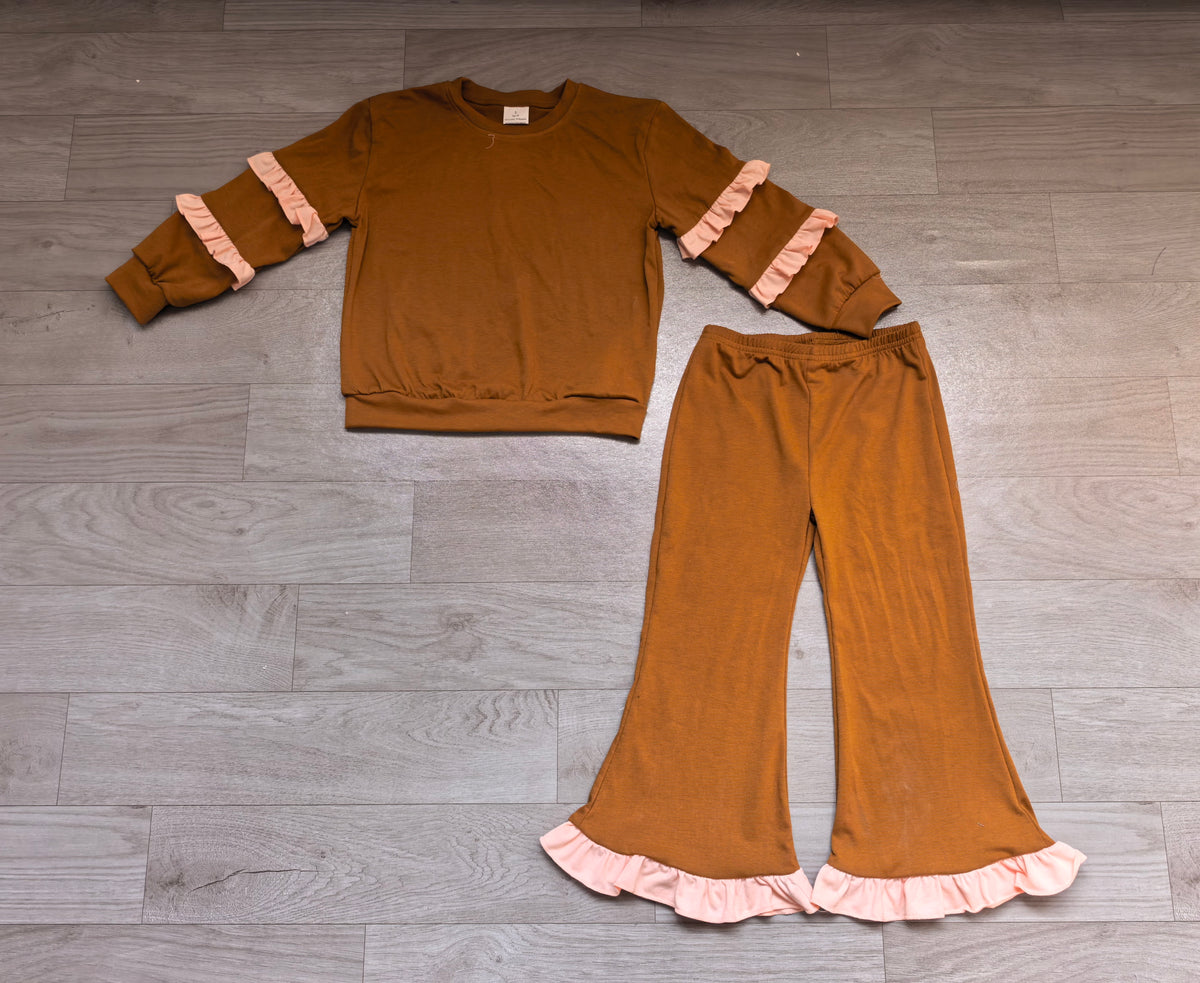 Brown pink ruffle color long sleeve top matching pants girls outfit preorder