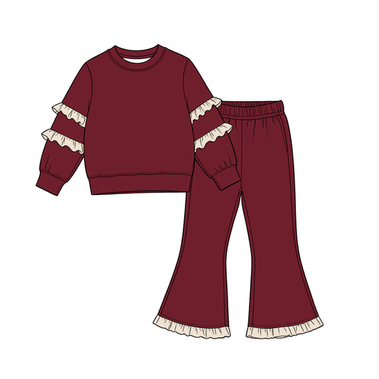 Maroon cream ruffle color long sleeve top matching pants girls outfit preorder