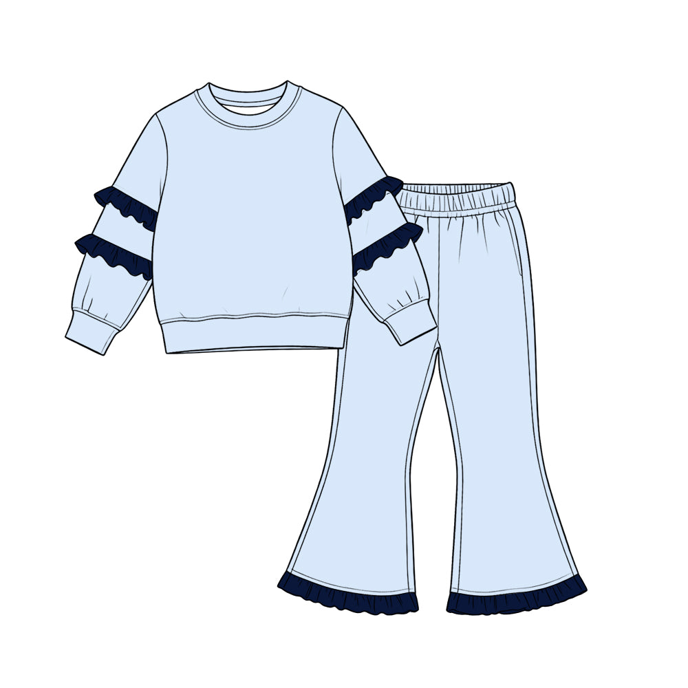 Blue black ruffle color long sleeve top matching pants girls outfit preorder