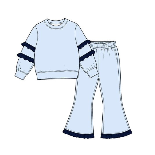 Blue black ruffle color long sleeve top matching pants girls outfit preorder