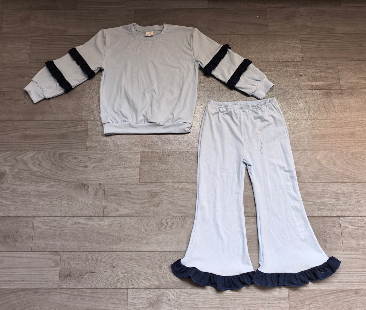 Blue black ruffle color long sleeve top matching pants girls outfit preorder