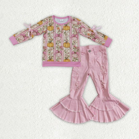 Pumpkin floral top pink jeans bell bottoms girls spring fall outfit